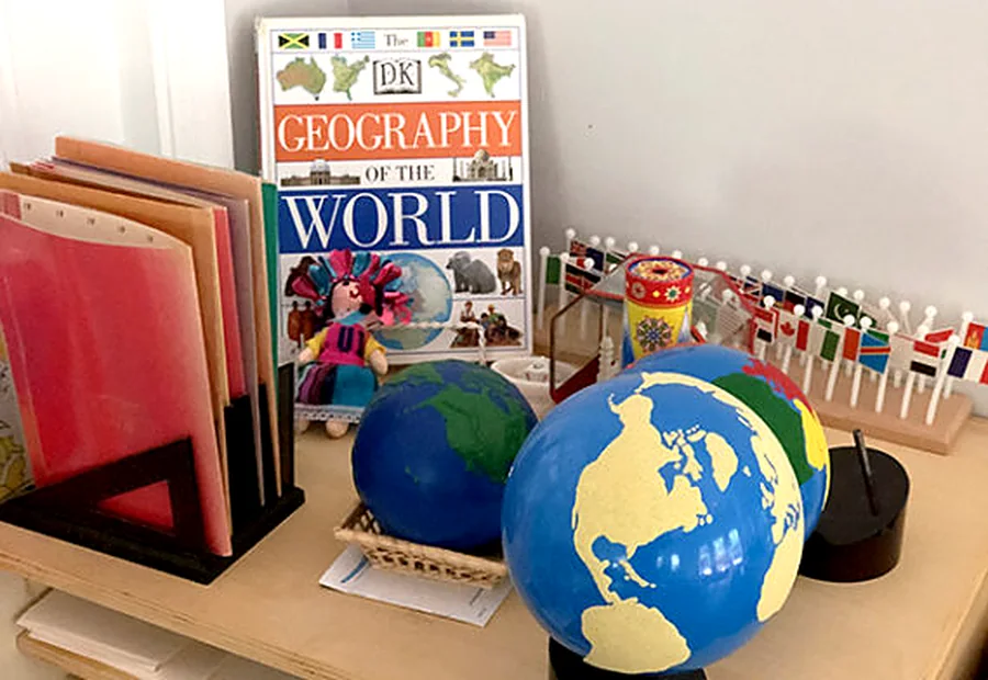 Geography and research materials in the Elementary classroom at Peridot Montessori in Madison, Alabama
